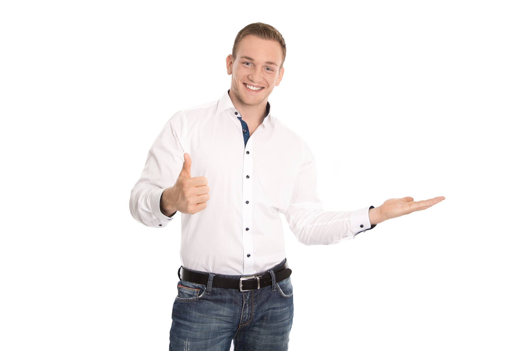 Isolated presenting young smiling man with palm and thumb up ges